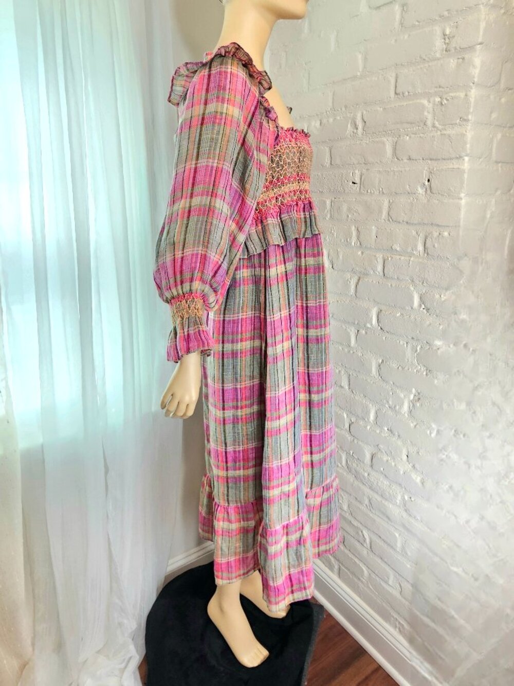 Frances Hart Pink Plaid Smocked Maxi Dress Size M Balloon Sleeve Maternity - Picture 3 of 6